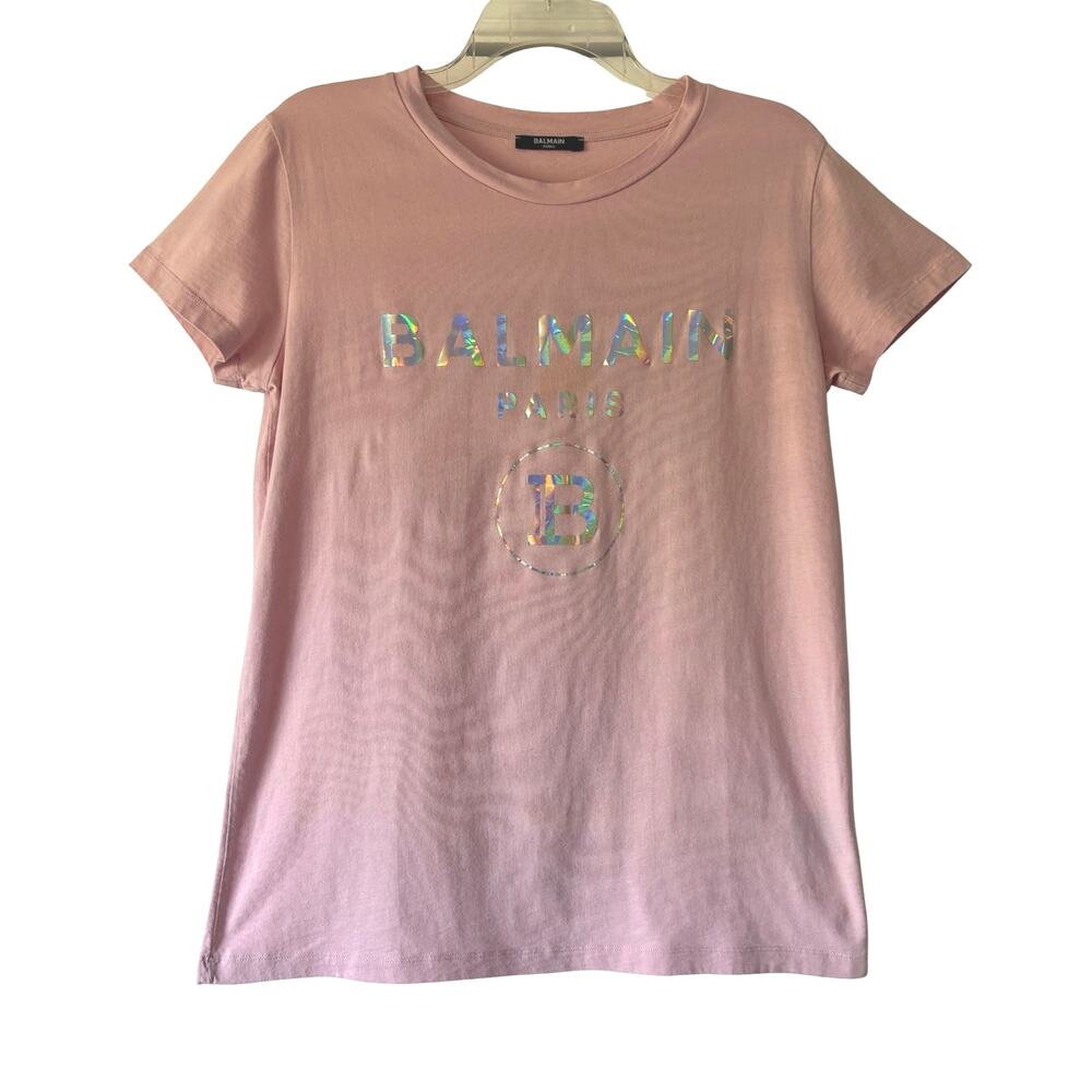 Balmain Paris Shiny Hologram Logo Pink Cotton Tee Shirt Women’s Size 16A US M